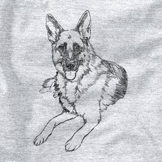 a black and white drawing of a german shepherd dog on a gray t - shirt