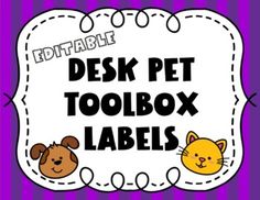 a purple and white striped background with the words desk pet toolbox labels on it