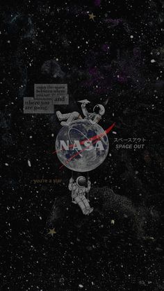 an astronaut floating in space with the word nasa on it's side and stars around