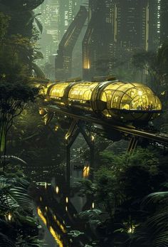 a futuristic train traveling over a bridge in the middle of a forest with tall buildings