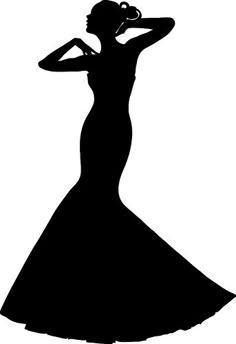 a black and white silhouette of a woman in a long dress with her hand on her head