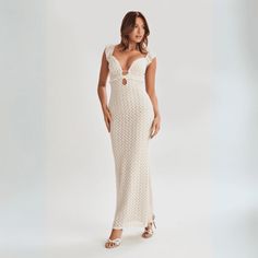 Seafoam Splendor Deep V Neck Long Dress Fitted Cream Maxi Dress, Fitted Summer Maxi Dress, Fitted Maxi Dress For Summer, Elegant Fitted Crochet Beach Dress, Fitted Long Vacation Dress, Fitted Long Dress For Vacation, Elegant Fitted V-neck Crochet Dress, Fitted Off-white Dress For Casual Wear, Fitted Sheath Midi Dress For Beach