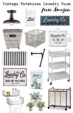 vintage farmhouse laundry room collage with white and black accents, including an iron basket