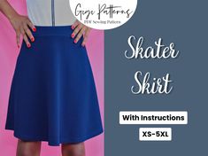 a woman wearing a skirt with her hands on her hips and the words, skater skirt with instructions xs - xxl