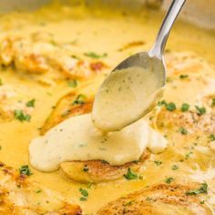 a ladle scooping some food out of a pan with chicken and cheese sauce