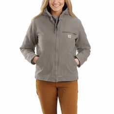 This women's sherpa lined jacket is the ideal combination of classic Carhartt style and legendary Carhartt durability. Our signature cotton duck fabric provides a tough exterior while the soft sherpa jacket lining provides warmth. Features 12-ounce, 100% ringspun cotton washed duck Sherpa-lined body for warmth; Quilted nylon sleeve lining for warmth and easy on-and-off Filling: 100% polyester Attached sherpa-lined hood with hidden drawcord Pleated elbows for ease of movement Internal rib-knit st Carhartt Style, Duck Jacket, Sherpa Lined Jacket, Womens Sherpa, Work Coat, Carhartt Womens, Carhartt Women, Carhartt Jacket, Classic Jacket