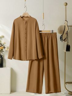 Plus Size Solid Color Button-Front Long Sleeve Blouse And Pants 2-Piece Set Khaki Casual    Plain  Non-Stretch  Women Plus Clothing, size features are:Bust: ,Length: ,Sleeve Length: Co Rd Sets For Women, Coat Set For Women, Co Ords Outfits Two Pieces, Monday Outfit, Blouse And Pants, Co Ords Outfits, Winter Coat Outfits, Fashion Sketches Dresses, Dress Design Patterns