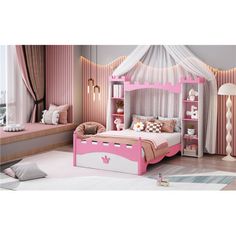 a child's bedroom with pink and white decor, including a princess canopy bed