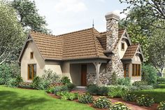 2 Bed Tiny Cottage House Plan - 69593AM | Architectural Designs - House Plans English Cottage House Plans, Tiny Cottages, European Cottage, Stone Chimney, Tiny House Plan, Cottage Style House Plans, Tudor Style Homes, Tiny Cottage