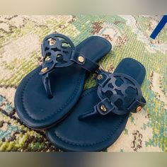 Brand New, Navy Blue Thong Sandals With Gold Hardware. Very Cute But Run Small. These Say 43, But I Am A True Size 11 And These Could Fit 9-10 Perfectly. Women Sandals, Thong Sandals, Women's Shoes Sandals, Gold Hardware, Womens Sandals, Shoes Sandals, Navy Blue, Size 10, Women Shoes