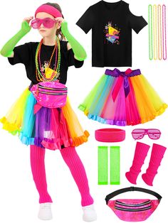 PRICES MAY VARY. Abundant accessories: comes with 13 pieces of kid's 80s cosplay costume accessories, including 1 girls' 80s T-shirt, 1 tutu skirt, 1 pair of fingerless fishing net gloves(2 pieces), 1 pair of leg warmers(2 pieces), 1 headband, 1 sunglasses, 1 laser fanny bags and 4 necklaces, rich and complete accessories for girls 80s theme retro party Fashionable style: every item in this girl's 80s cosplay accessories set are mainly in rainbow color design, bright and adorable, making the lit 80s Cosplay, 80s Costume Women, 80s Outfits Women, Net Gloves, Long Leg Warmers, 80s Accessories, Kids Cheering, 70s Theme, Fishnet Gloves