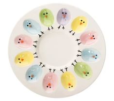 a white plate topped with lots of colorful birds