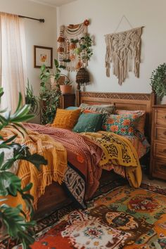 a bed room with a neatly made bed and plants