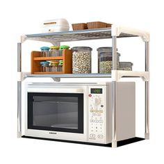 a microwave oven sitting on top of a shelf filled with containers and food in front of it