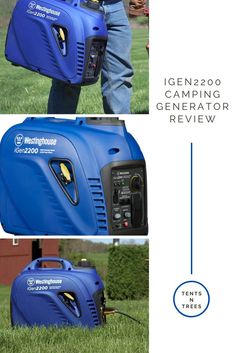 an image of a blue portable generator with the text gen2 200 camping generator review