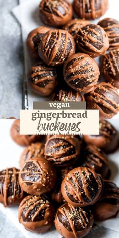 a white plate topped with chocolate covered pretzels and text overlay reads vegan gingerbread buckeyes