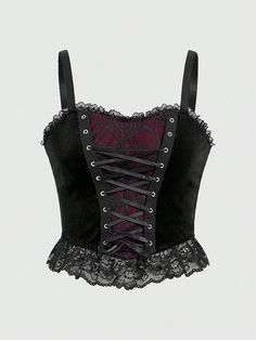 Women's Gothic Sexy Spiderweb Mesh And Velvet Splicing Tight Crop Top Camisole Burgundy Party   Flannelette Colorblock,Halloween Cami,Wide Strap High Stretch  Women Clothing, size features are:Bust: ,Length: ,Sleeve Length: Goth Tops Women, Gothic Tops Women, Goth Crop Top, Goth Styles, Sinful Clothing, Alternative Tops, Halloween Tops, Crop Top Camisole