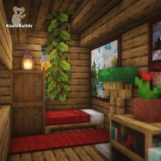 an image of a bedroom in the minecraft style with wood walls and flooring