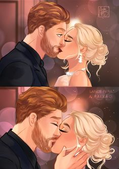 a couple kissing each other in the middle of two pictures, one with blonde hair and another with blue eyes