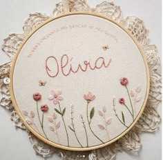 embroidered name with pink flowers on white background