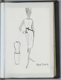 a drawing of a woman's dress and hat from the 1950's is shown