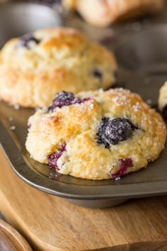 three blueberry muffins sitting on top of a pan