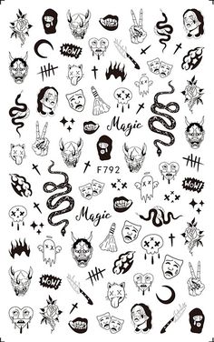 various tattoo designs on white paper with black and white ink, including the word's name