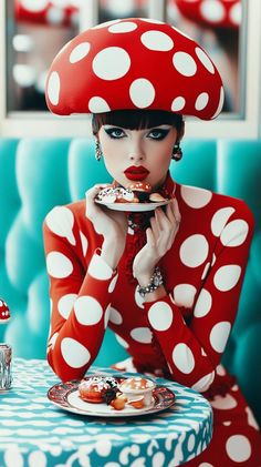 a woman in red and white polka dot dress holding a plate with food on it