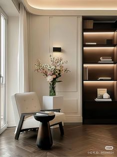 a vase filled with flowers sitting on top of a table next to a book shelf