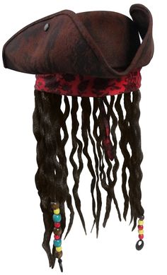 "Complete your Pirate Costume this season with this Deluxe Caribbean Pirate Hat with Attached Dread Locs Wig. Perfect for Halloween, Cosplay, Theater and more! Featuring a tri-corne hat with attached brown faux braided hair with beads accented by a red band with floral filigree. Great for Men or Women! Tricorner hat has sweatband inside for a customized fit. Fits approximately 51 cm to 58 cm. Dreads hand approximately 15\" long. Cap stands approximately 5\" tall." Braided Hair With Beads, Hair With Beads, Adult Pirate Costume, Hair Dreads, Faux Dreads, Black Satin Fabric, Pirate Hat, Sewing Equipment, Halloween Party Outfits