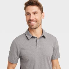 Why we're ALL IN: This jersey polo tee helps create a cool, sporty look. Designed with soft and stretchy fabric, this lightweight T-shirt offer flexible comfort, and the collared neckline with 3-button closure makes for ease of wear. Plus, the below-waist length and solid hue allows for easy pairing with a variety of bottoms. All in Motion™: Made for every move, priced for every day. Sporty Collared T-shirt, Collared Polo Shirt For Golf In Athleisure Style, Athleisure Collared Polo Shirt For Golf, Casual Collared Golf T-shirt, Sporty Cotton Polo Shirt With Seamless Collar, Casual Go-dry Polo Shirt For Golf, Casual Stretch Polo Shirt For Sports, Sporty Go-dry Polo Collar Top, Collared Sports Top With 4-way Stretch