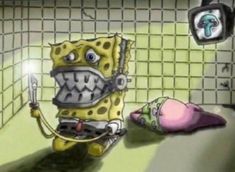 a spongebob character is in the bathroom with his mouth open and tongue out