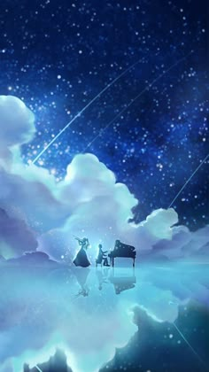 two people are standing in front of a piano on the water under stars and clouds