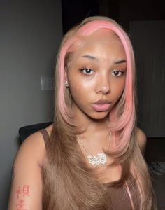 Pink Highlights On 4c Hair, Brown And Pink Sew In, Honey Blonde Pink Hair, Hair Colors On Light Skin Black Women, Pink Teal Hair, Blonde And Pink Peekaboo, Hair Dye Combos Black Women, Blonde Roots Pink Ends, Blonde Hair And Pink Highlights