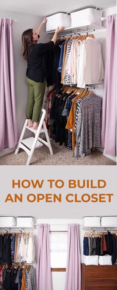 a woman standing on a ladder in front of a closet filled with clothes