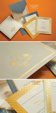 an orange and blue wedding card with gold foil on the front, in two different colors