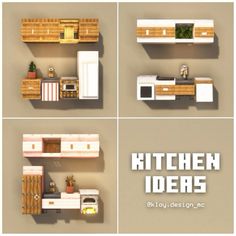 the four shelves are made out of wood and have different types of kitchen items on them