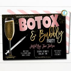 "Botox Party Invitation Editable Template.  Use this stylish botox and bubbly cocktail party invite for your special event. Great for bachelorette, bridal showers and other fun ladies night parties!  All text is editable so you can make it read what you wish. TEMPLATE FORMATTED SIZES: 5\" x 7\" (Invite) Front + Back IMPORTANT: This is a DIY self-editing digital, printable product - I do not edit this file for you.  However, I do offer editing services at an extra charge, please reach out if you Botox And Bubbly Party Invite, Botox And Bubbly Party, Botox Parties, Networking Ideas, Cocktail Party Invite, Botox Clinic, Business Launch Party