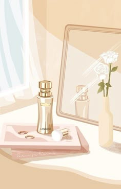 a painting of a mirror, perfume bottle and ring box on a desk with a flower in front of it