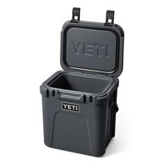 the yeti cooler is shown with its lid open