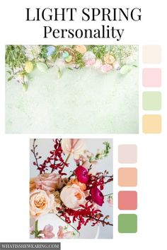 the words light spring personality are displayed in different colors and font, along with an image of flowers