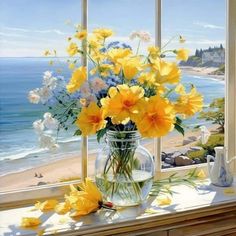 a vase filled with yellow flowers sitting on top of a table next to a window