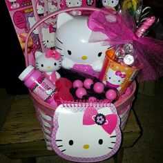 a hello kitty birthday gift basket is shown