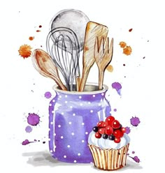 a cupcake and utensils in a blue jar