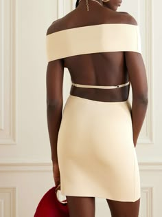 JACQUEMUS La Robe Cubista off-the-shoulder open-back stretch-knit mini dress Identity Crisis, Anita Ko, Emilia Wickstead, Gucci Eyewear, Back Stretches, Raffia Bag, Knit Mini Dress, Everyday Wardrobe, Ski Wear