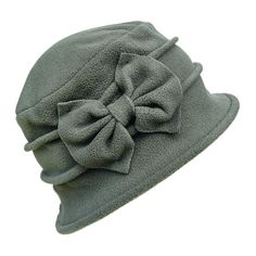 a gray hat with a large bow on it