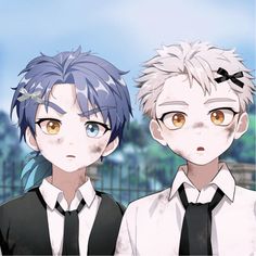 two anime boys with white hair and blue eyes are standing in front of a fence