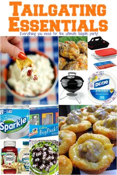 collage of different foods including eggs, yogurt and other items with text that reads tailgating essentials everything you need for the ultimate party