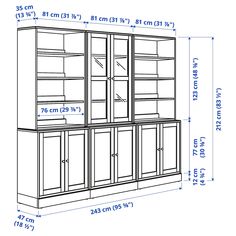 the measurements for a bookcase with glass doors and shelves on each side, in front of