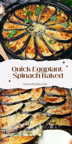 an eggplant spinach baked in a cast iron skillet